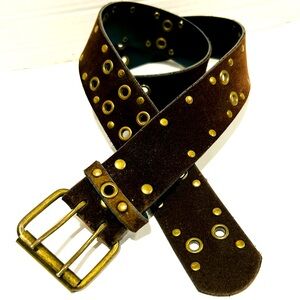Brown Retro Y2K Double Row Silver Grommet Vegan Leather Belt